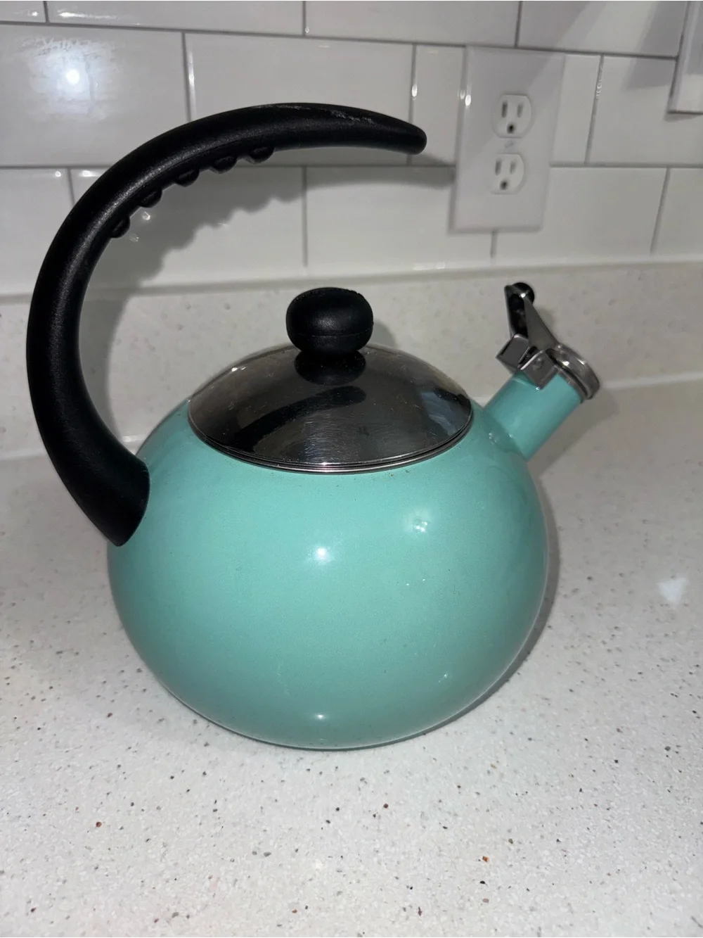 Farberware Aqua Teal Whistling Stovetop Kettle with Black Handle